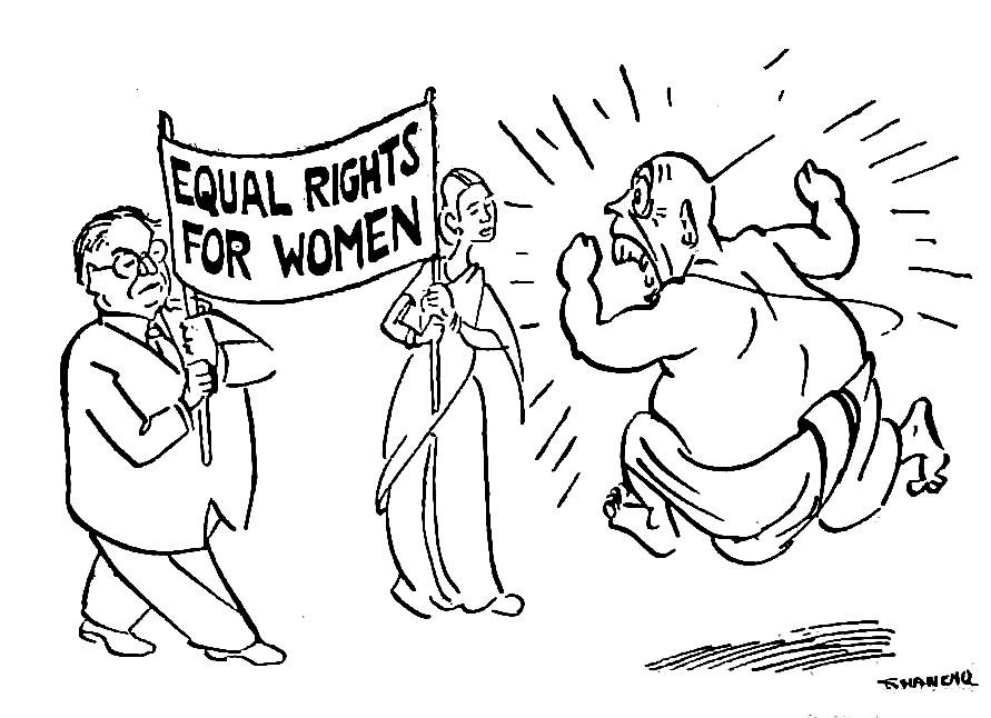 A Brahmin was frightened seeing Dr Ambedkar and a woman marching with a banner of equal rights for women. They were drawn by Cartoonist Shankar during the Hindu code bill debate, from Shankar’s Weekly, Jan 1950.