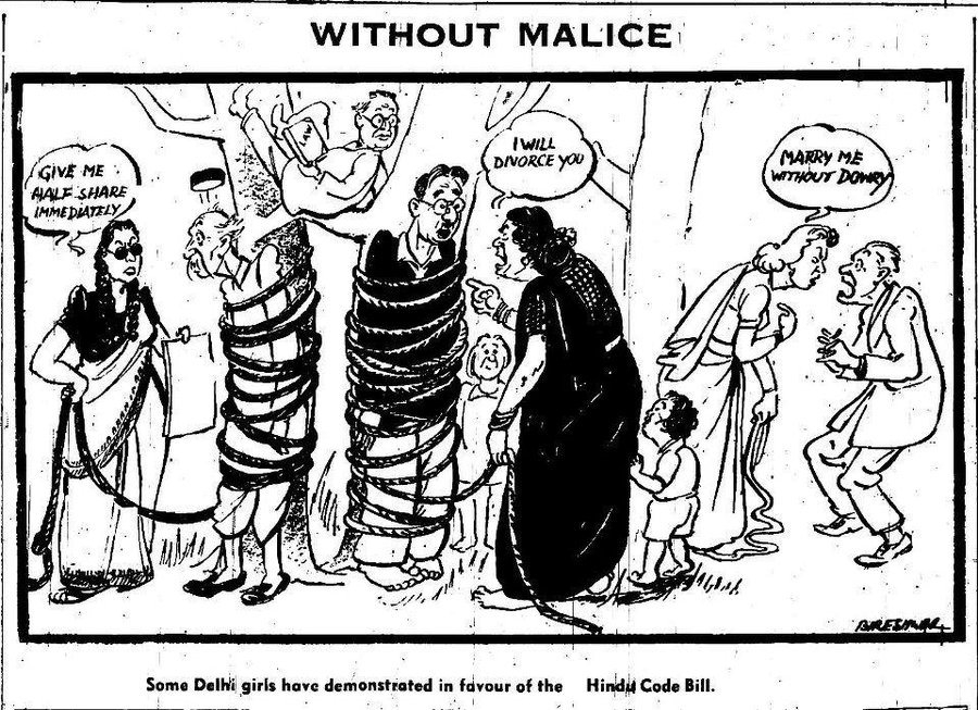 A cartoon published in the National Herald on September 8, 1948, shows the reaction of women demanding their share and rights supporting the Hindu code bill, while Dr. Ambedkar, the then Law Minister watching this sitting on a branch. This cartoon is drawn by Bireshwar.