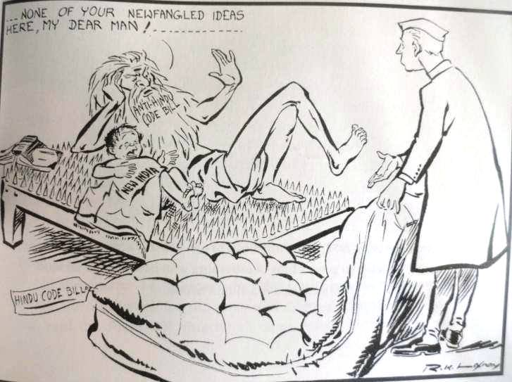 In a cartoon by RK Laxman, Feb 1950 Nehru urges a Hindu Monk (anti-Hindu code Bill protester) to accept the Hindu Code Bill, while the small Child (New India) cries.