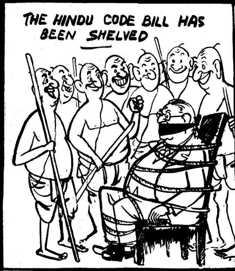 Cartoon shows Dr Ambedkar tied to a chair with a thick rope by a group of angry Brahmins holding sticks in their hands. Cartoon was published on September 30, 1951, in 'The Leader newspaper, drawn by Oommen. The cartoon shows the defeat of the Hindu Code Bill in Parliament.