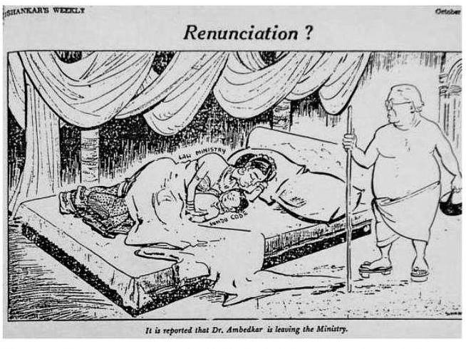 Cartoon showing Dr Ambedkar's decision to resign from Law Ministry over the failure to implement the Hindu Code Bill. Cartoon from Shankar's Weekly, October 7, 1951.