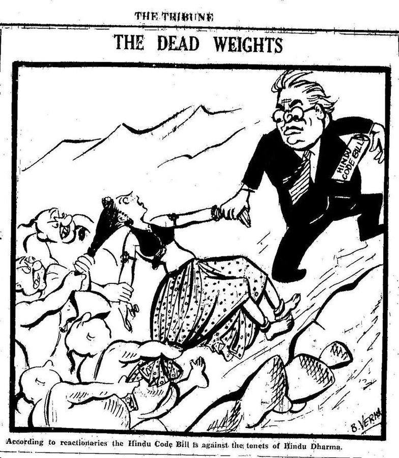 Cartoon published on March 18, 1949 in The Tribune during the Hindu Code Bill debates in Indian Parliament, drawn by cartoonist B Verma.